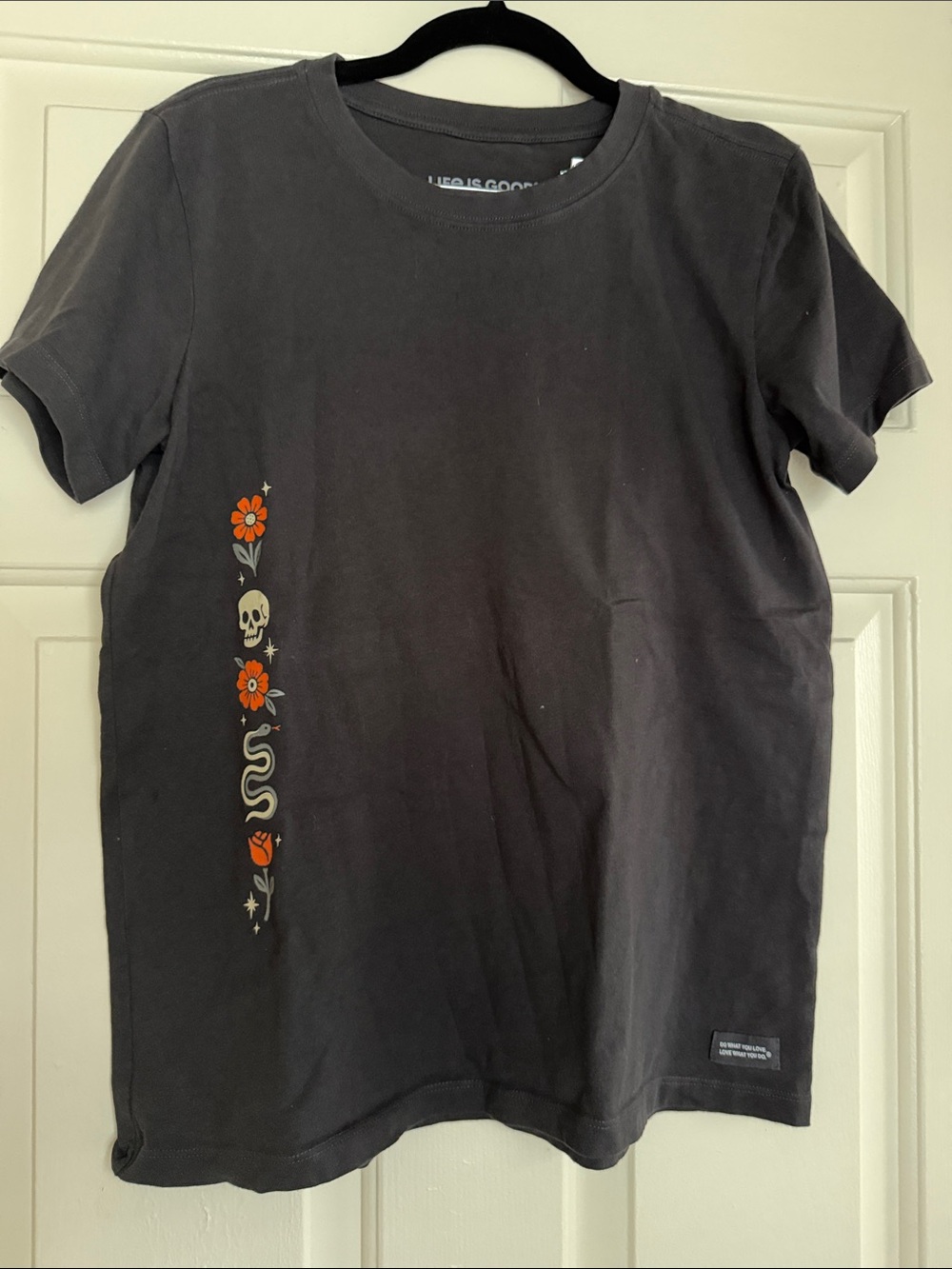 Life Is Good Black Short Sleeve Tee with Orange Floral & Skull Accent